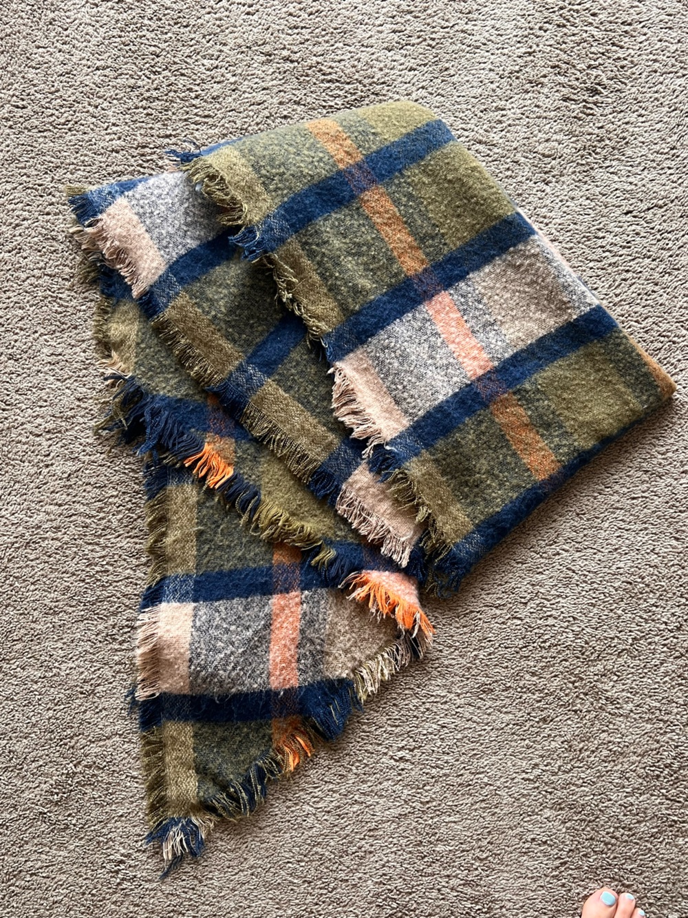 Cozy Plaid Fringe blanket scarf - Olive, Navy & Peach